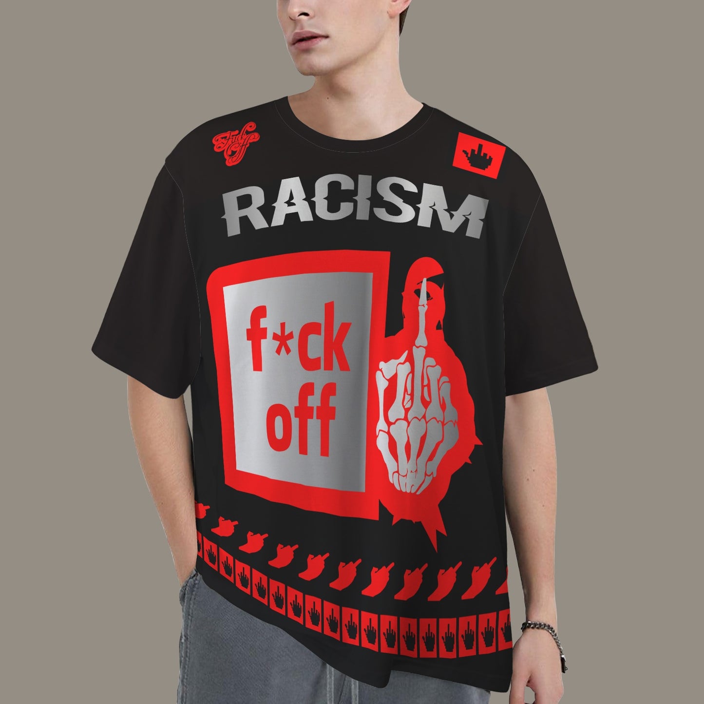 FUCK OFF RACISM DISTRESSED T-SHIRT BLACK