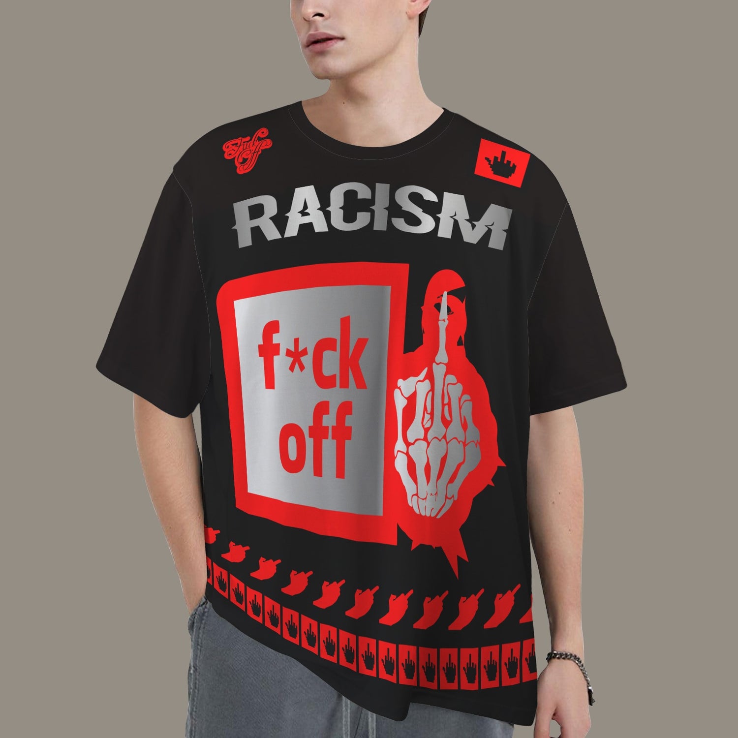 FUCK OFF RACISM DISTRESSED T-SHIRT BLACK