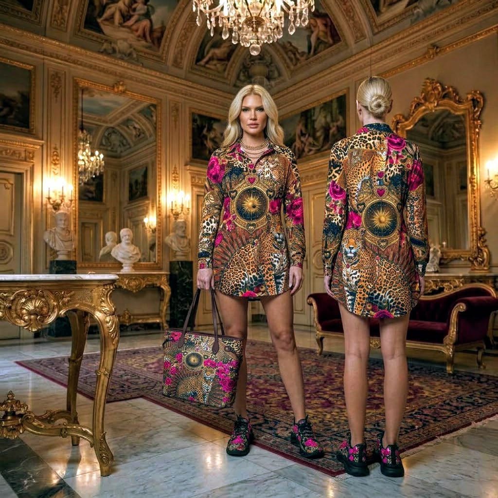 Opulent Leopard Long Sleeve Pleated Wastline Shirt Dress