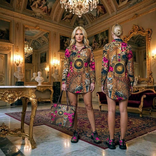 Opulent Leopard Long Sleeve Pleated Wastline Shirt Dress