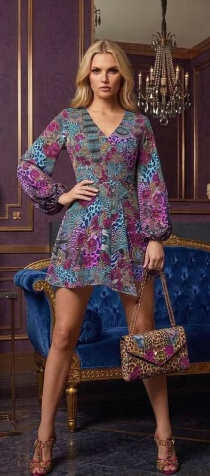 Opulent Print Collection Ruffle Swing Romper Turquoise Burgundy