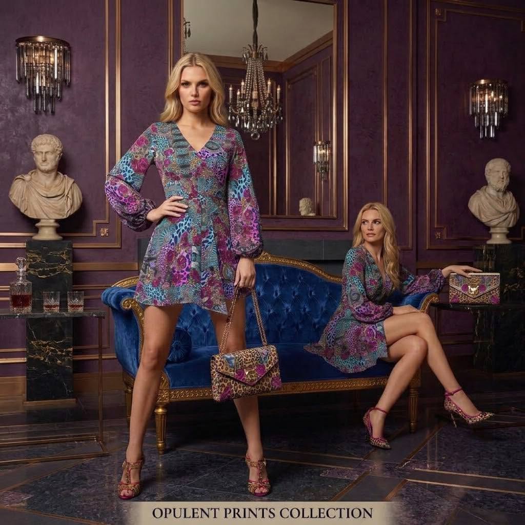 Opulent Print Collection Ruffle Swing Romper Turquoise Burgundy