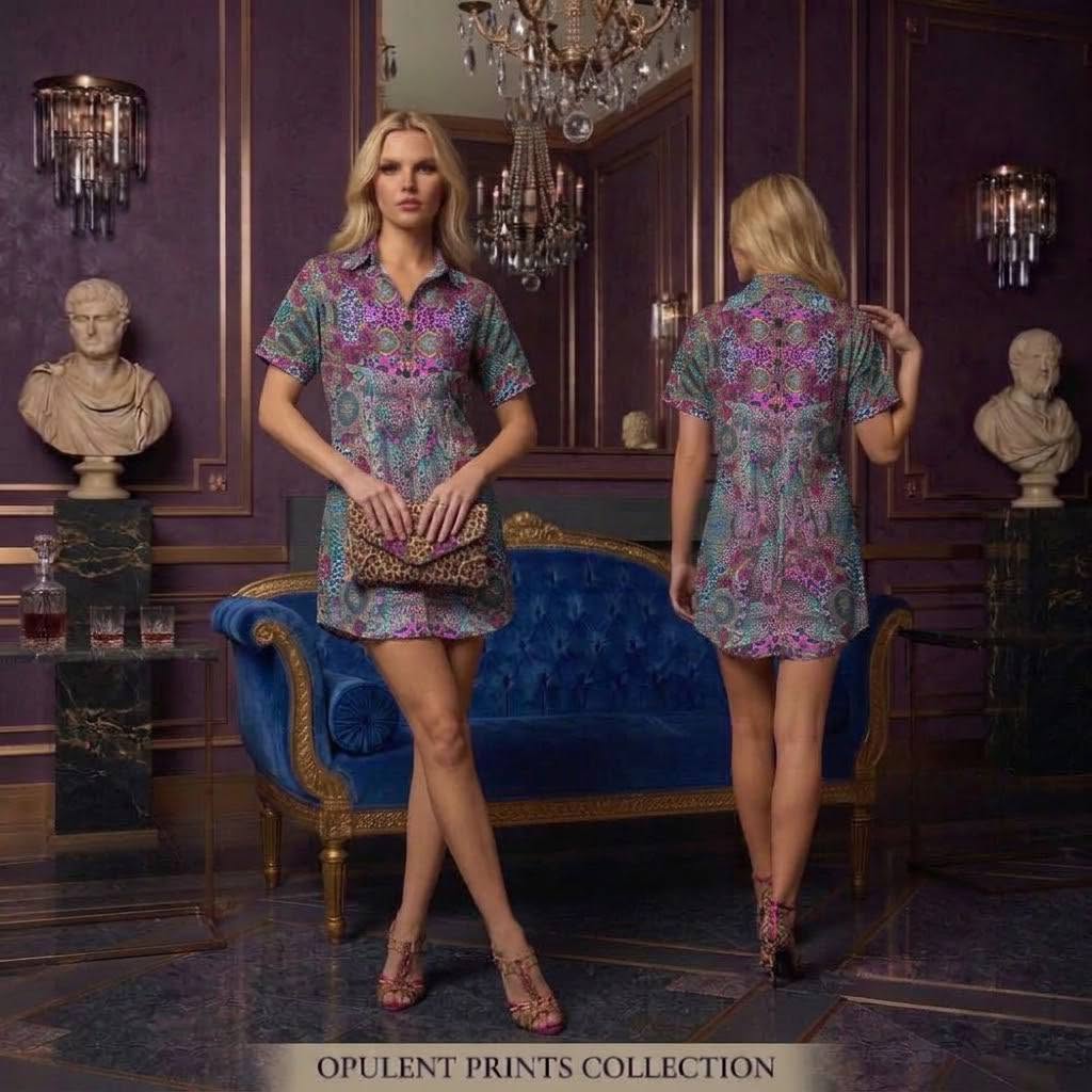 Opulent Print Collection Short Sleeve T-Shirt Dress Cats Turquoise Burgundy