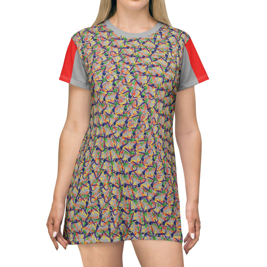 LINFA Chaos In The Heart T-Shirt Dress Light Grey Red Sleeves