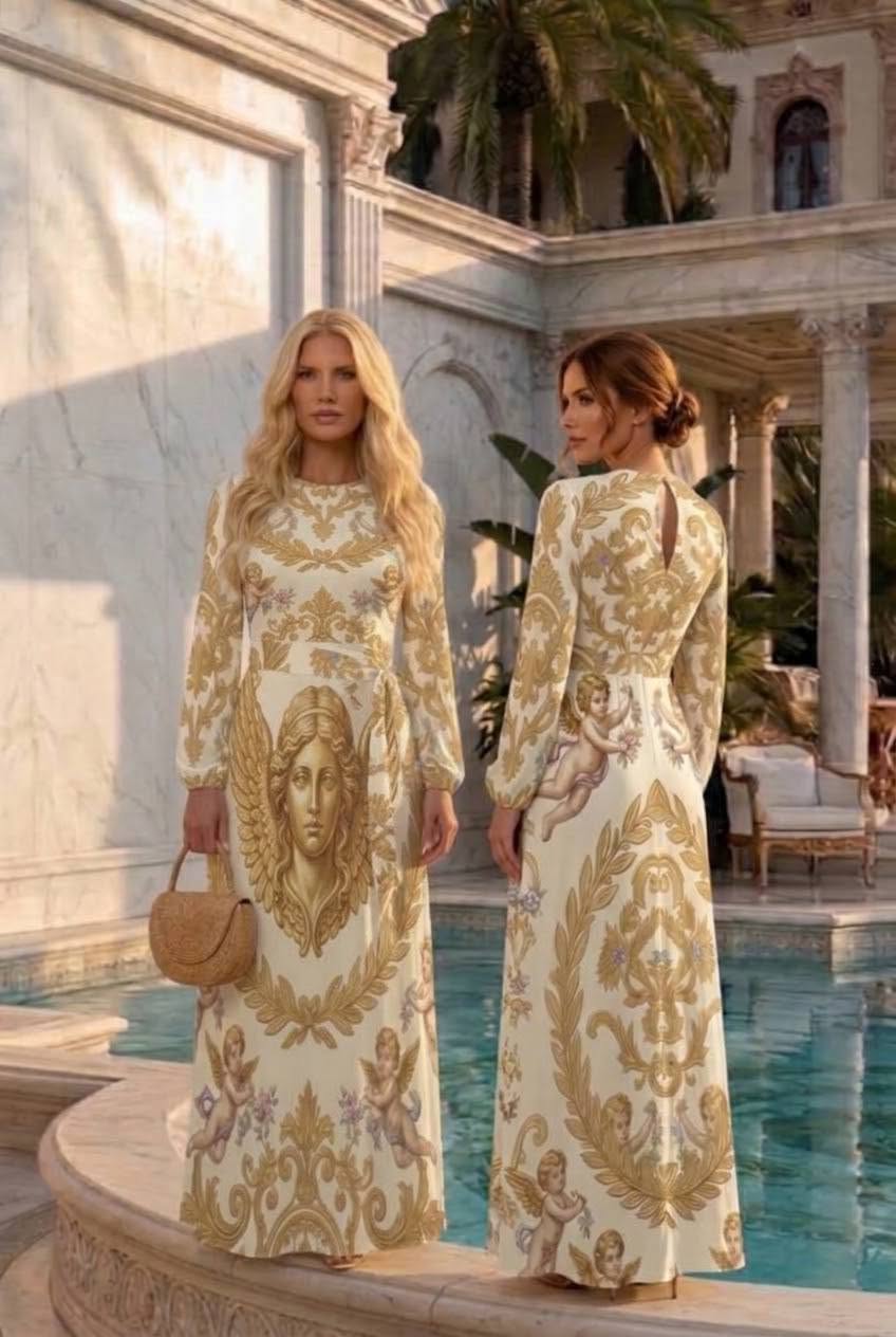 Baroque Putti Round Neck Long Sleeve Belted Maxi Dress