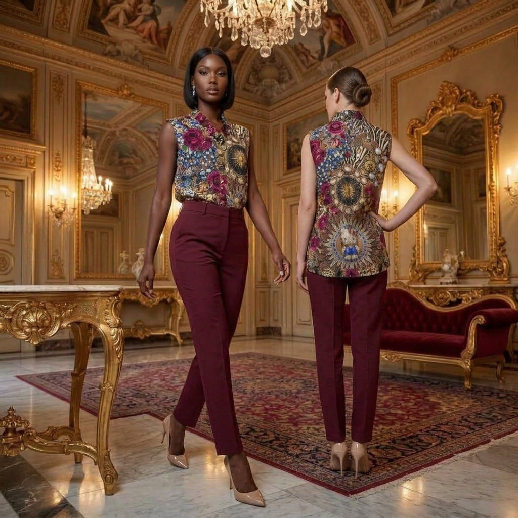 Opulent Print Collcetion Hello Kitty Leopard & Gems V-neck Sleeveless Ruched Tank Top