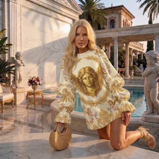 Baroque Putti Round Neck Shirred Long Sleeve Fleece Top