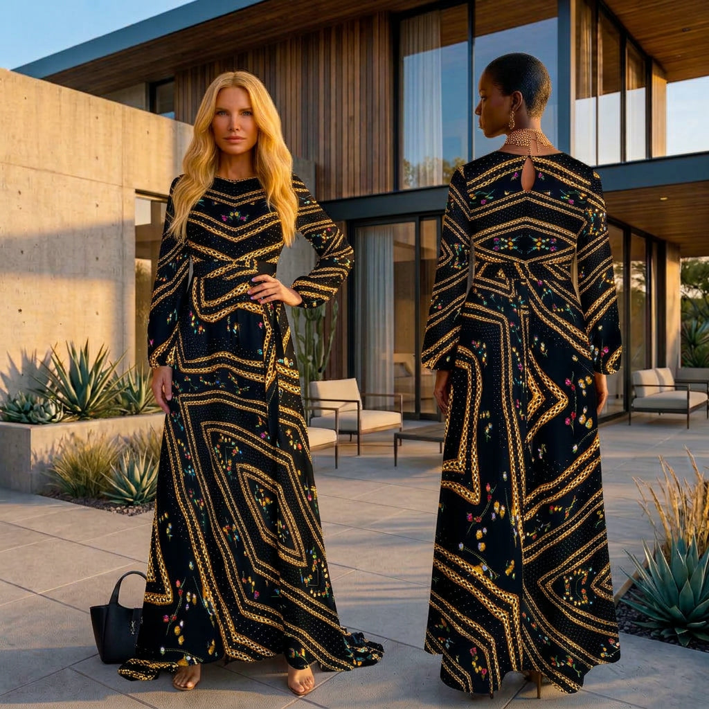 LeoFlowers Round Neck Long Sleeve Belted Maxi Dress