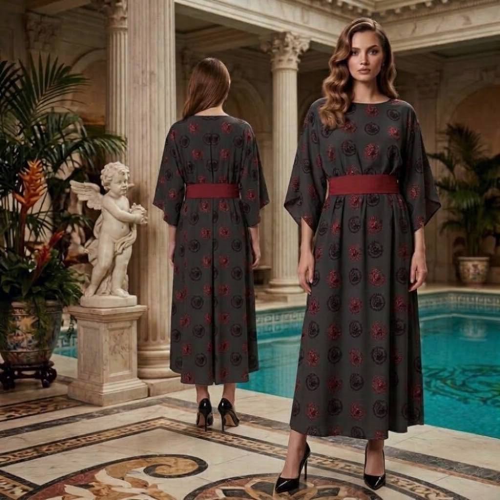 Logo Pattern Black Red Crew Neck Mid-sleeve Ruched Dress Grey