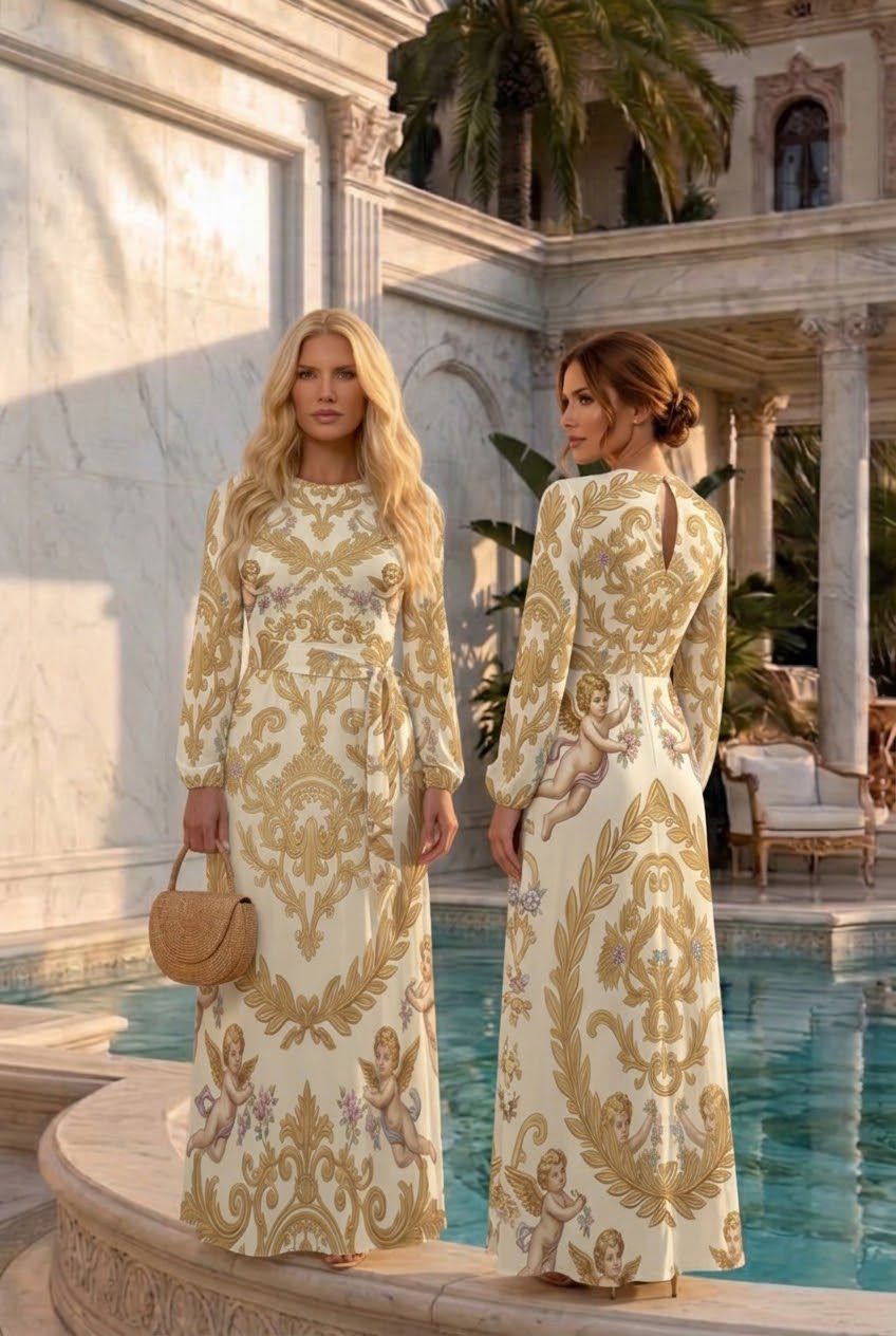 Baroque Putti Round Neck Long Sleeve Belted Maxi Dress