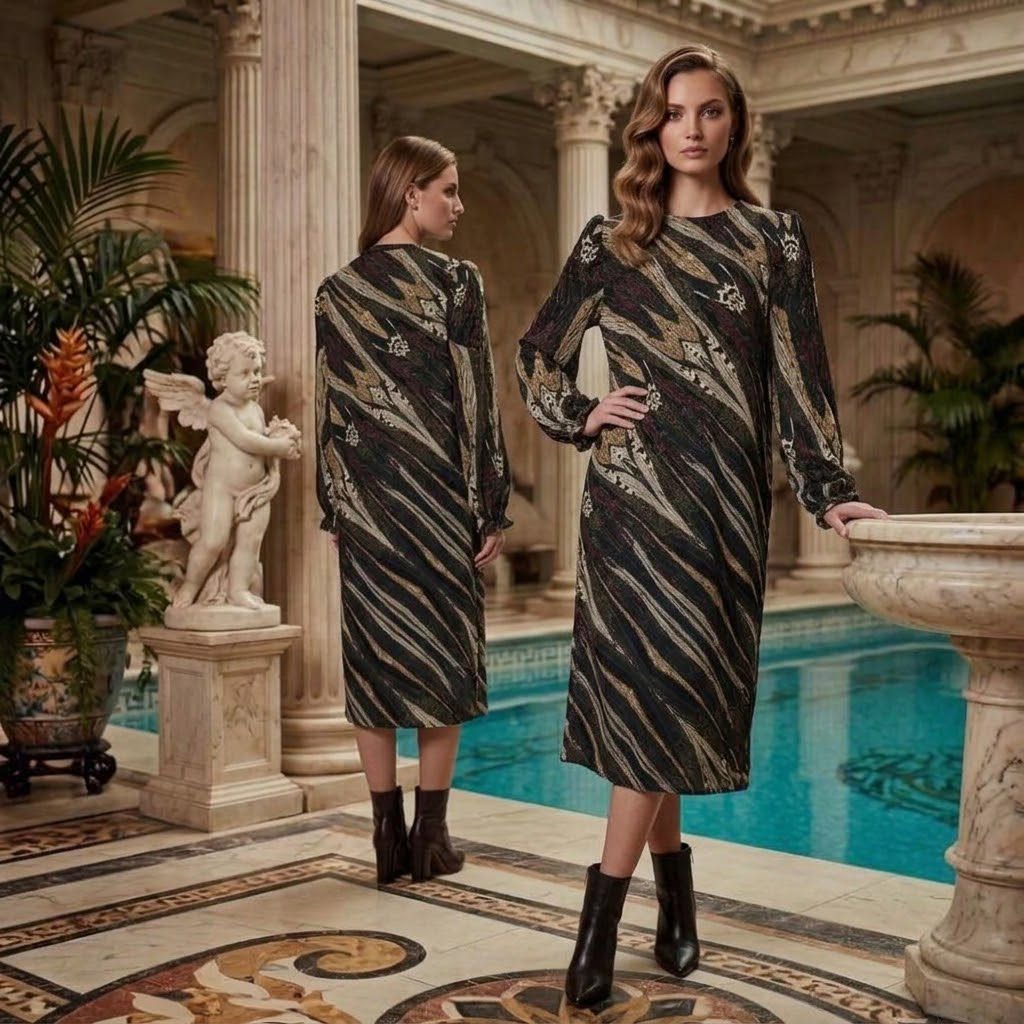 Animal Mix Crew Neck Bubble Sleeve Long Sleeve Dress