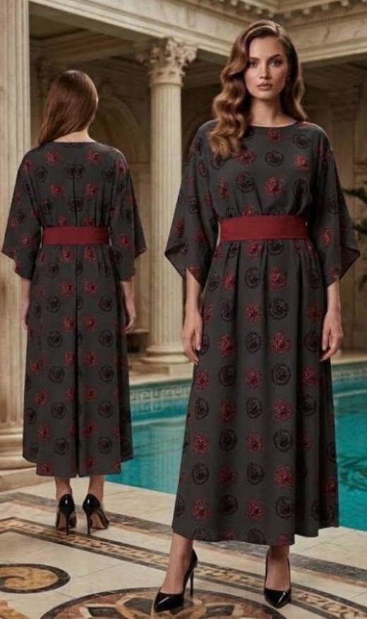 Logo Pattern Black Red Crew Neck Mid-sleeve Ruched Dress Grey