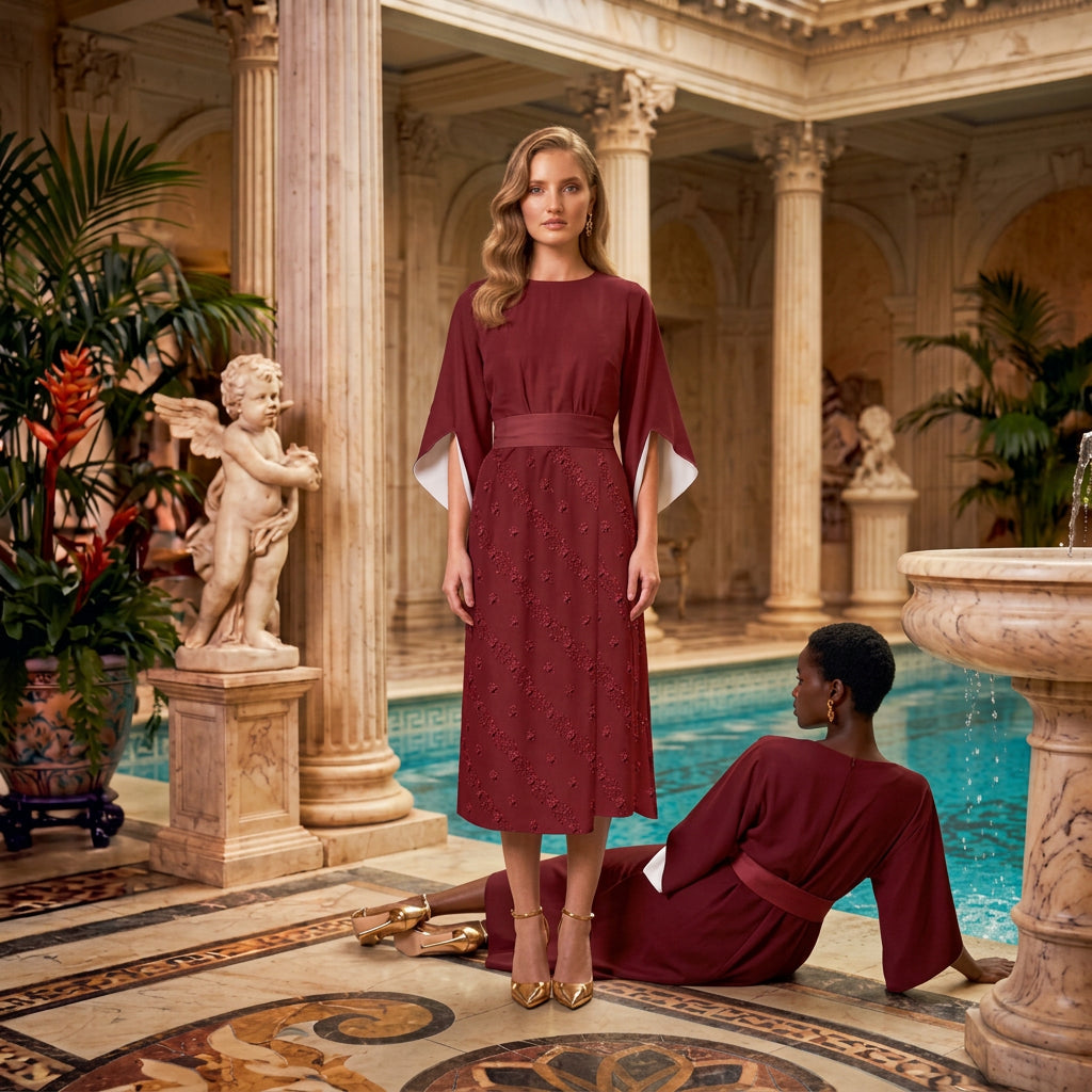 My Angel Pattern Crew Neck Mid-sleeve Ruched Dress Dark Red/Maroon