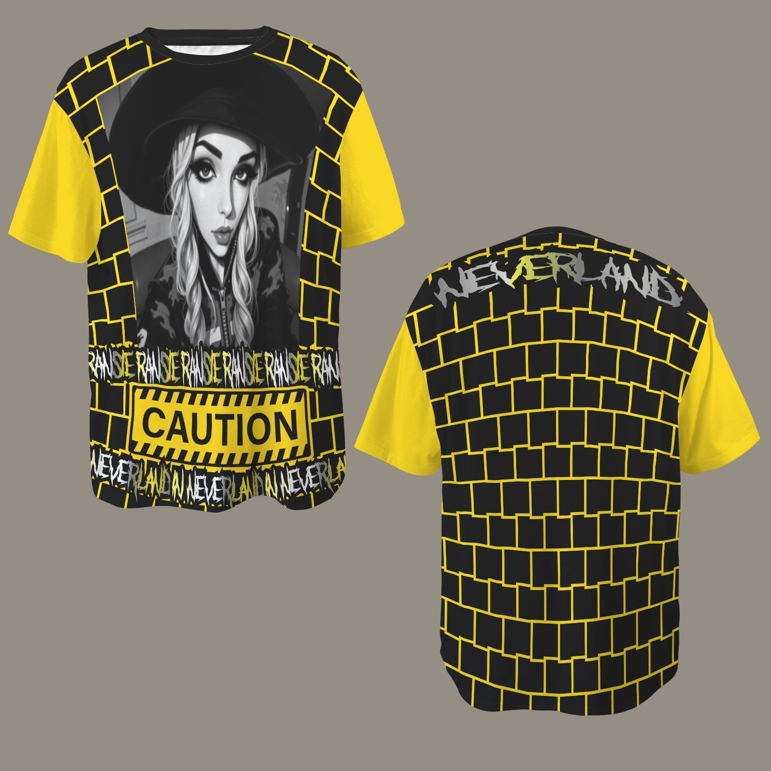 RANSIE CARTOON B/W CAUTION T-SHIRT - YELLOW - DISTRESSED NEVERLAND