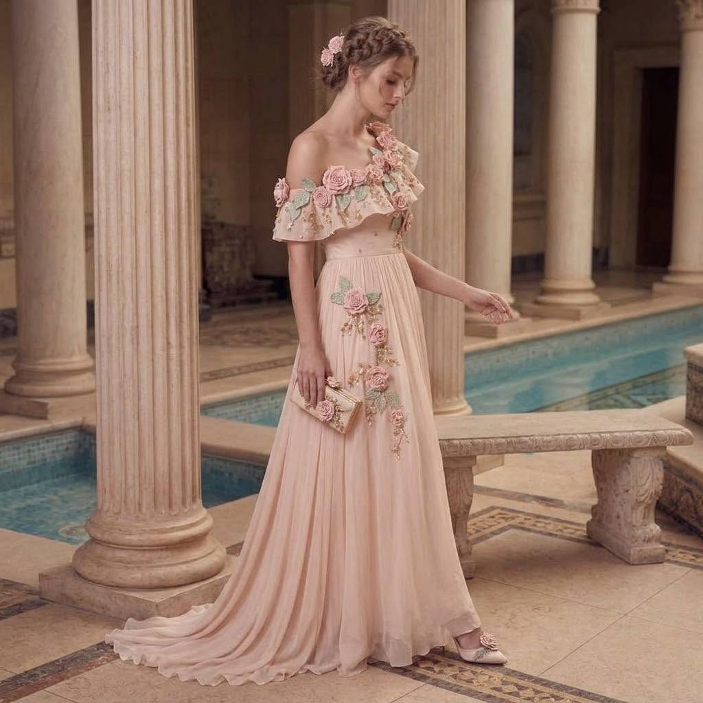 Bespoke Botanical-Themed 3D Handcrafted Applique One Shoulder Evening Gown
