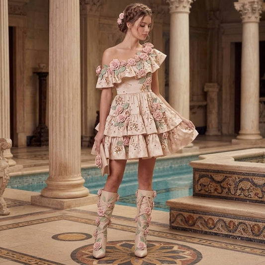 Bespoke Botanical-Themed One-Shoulder Multi Tiered Ruffled Prom Evening Dress