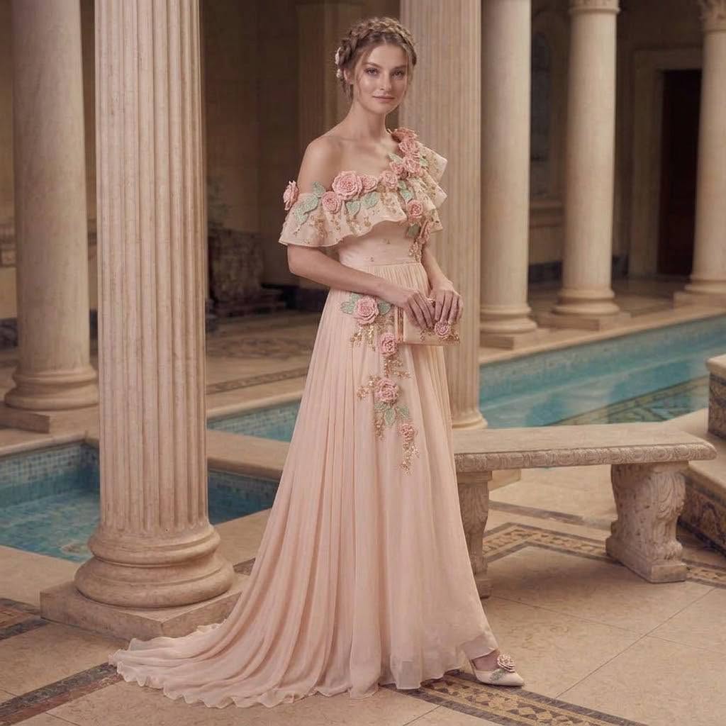 Bespoke Botanical-Themed 3D Handcrafted Applique One Shoulder Evening Gown