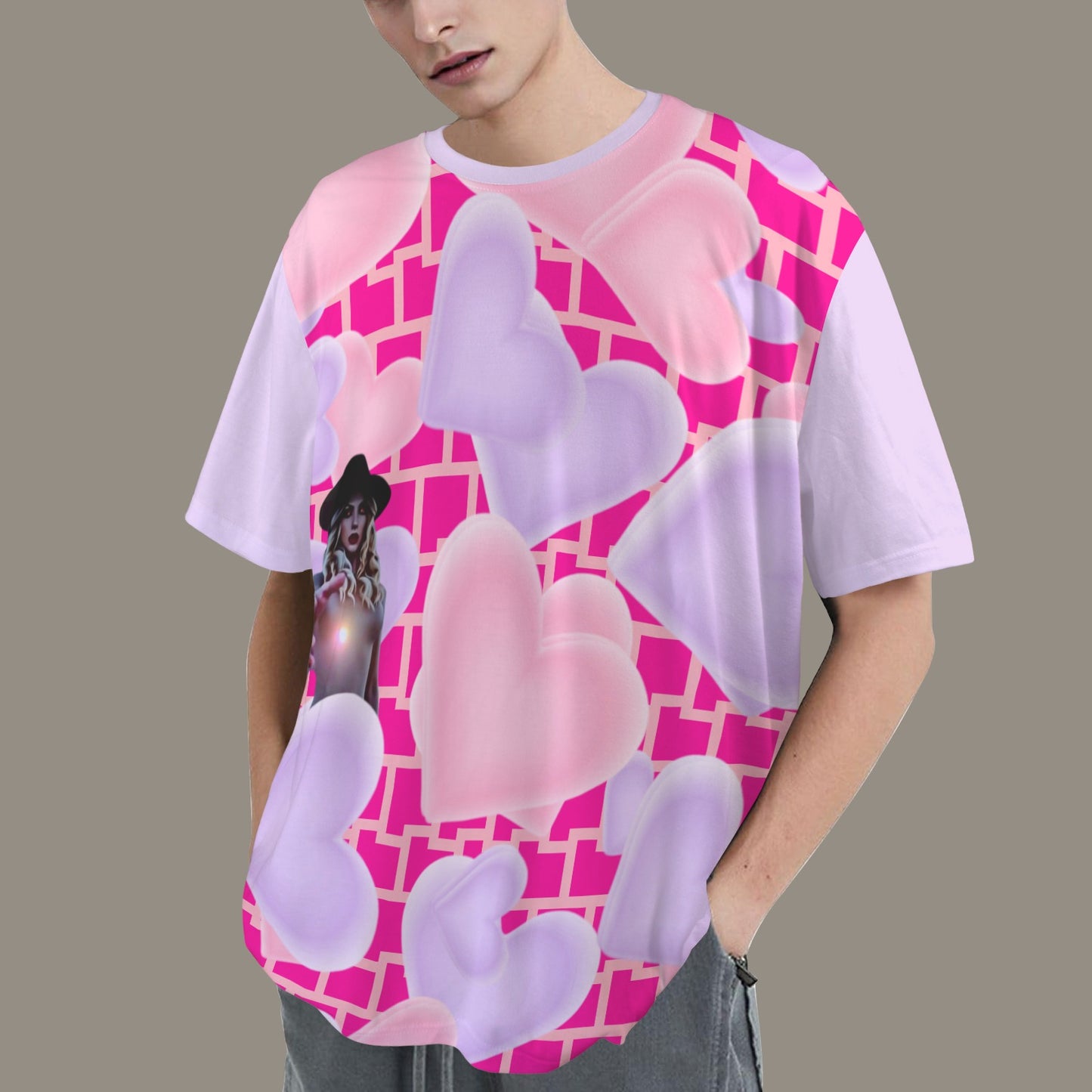 RANSIE FIGURE T-SHIRT -HOT PINK/LILAC WALL & HEARTS - SOLID LILAC BACK