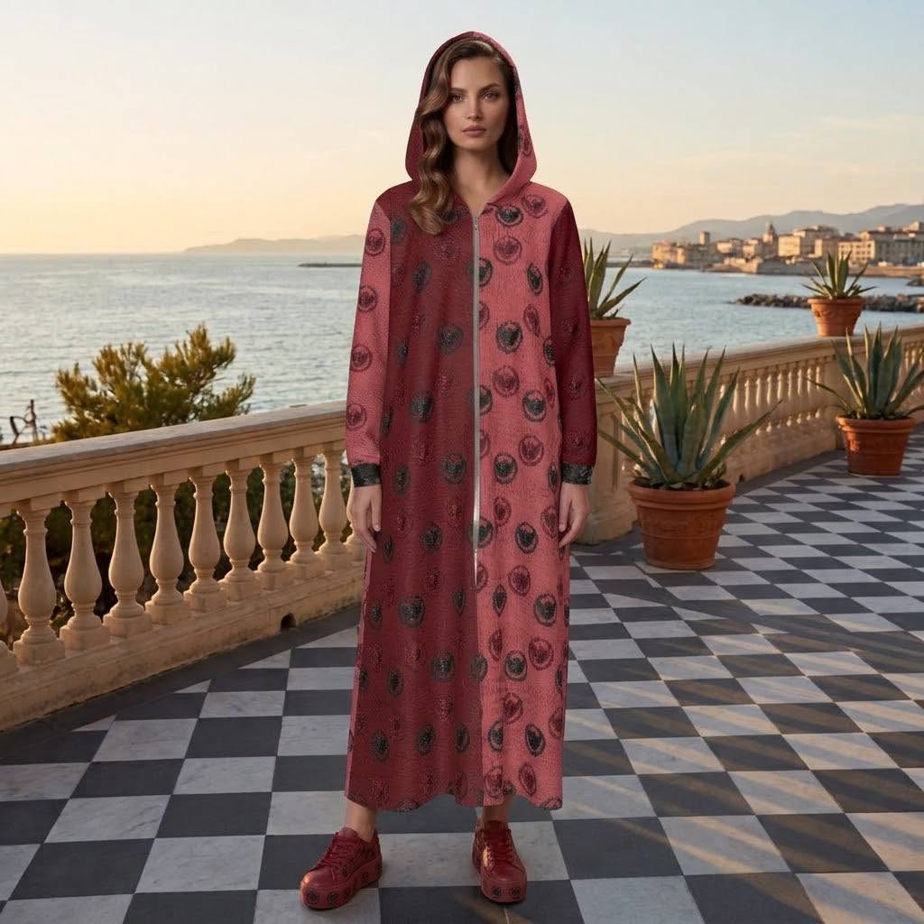 Logo Pattern Dual Color Velvet Zipper Maxi Dress with pockets