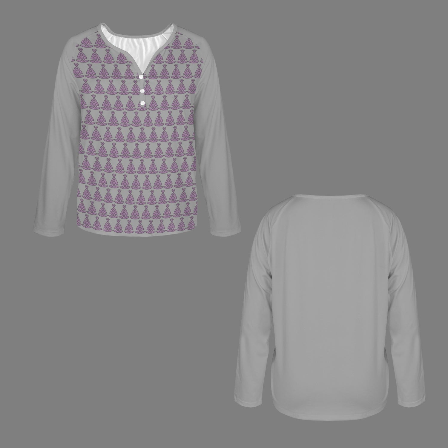 Buddha Pattern Long Sleeve Shirt Button Grey