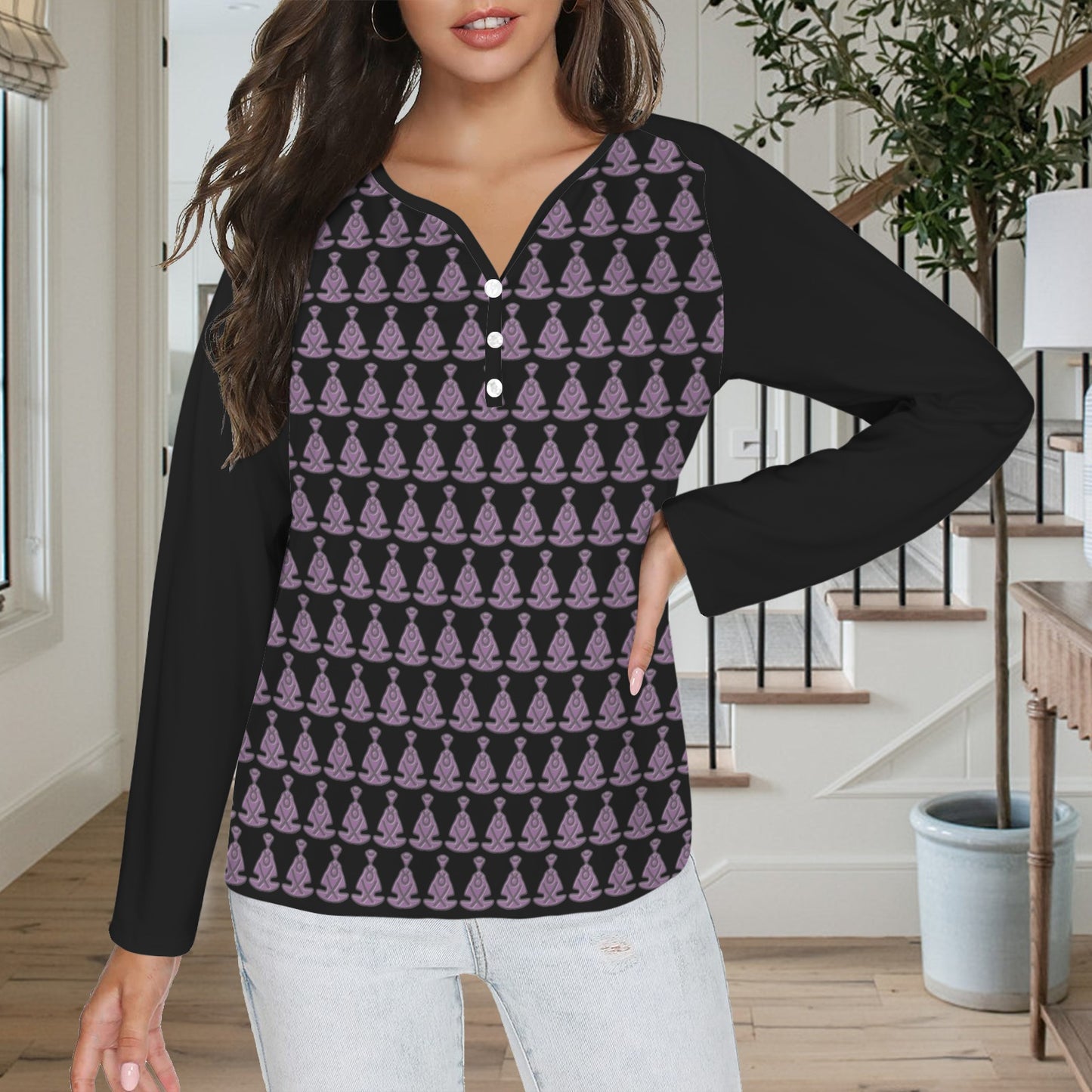 Buddha Pattern Long Sleeve Shirt Button Black