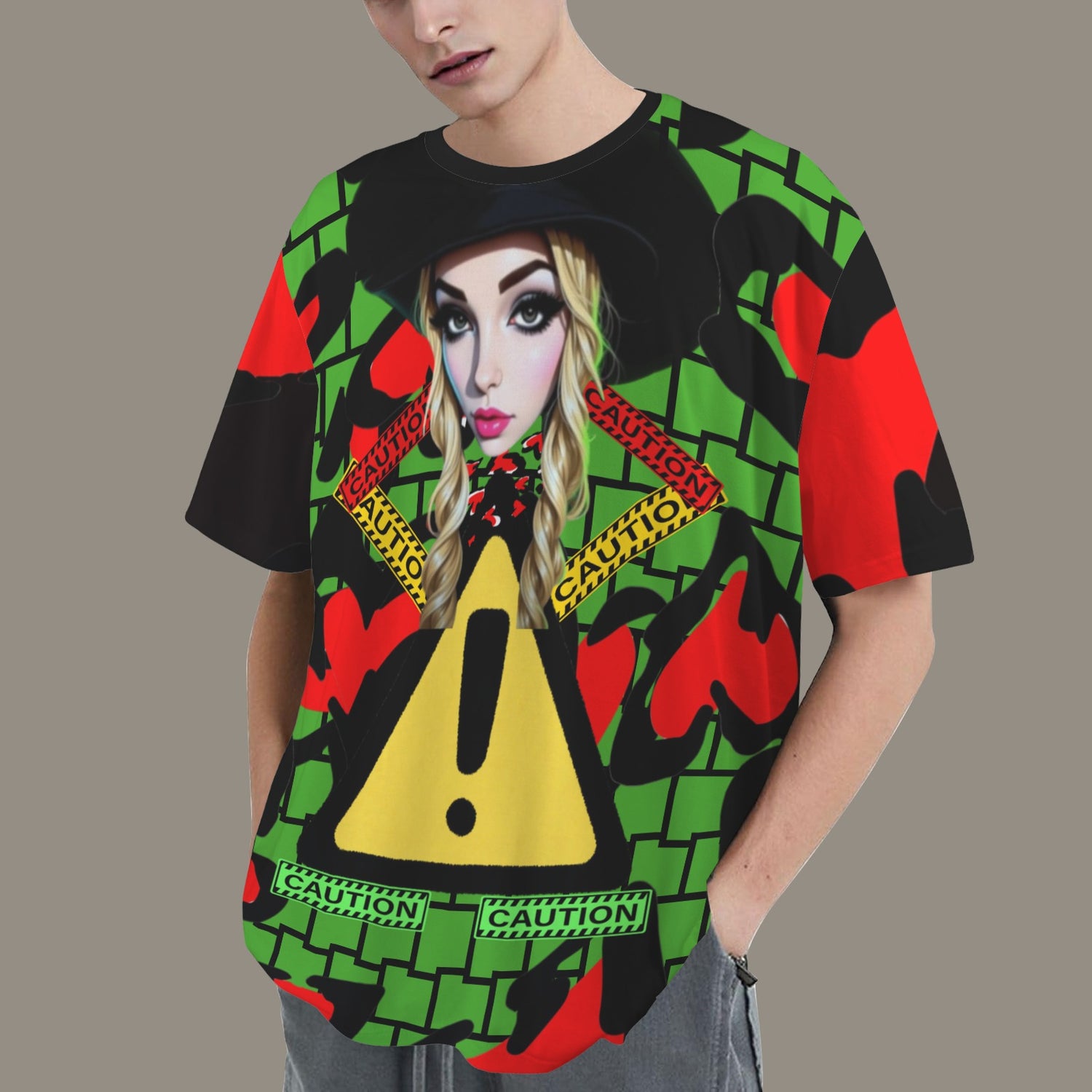 RANSIE CARTOON CAUTION GREEN/BLACK WALL HEARTST-SHIRT - Caution