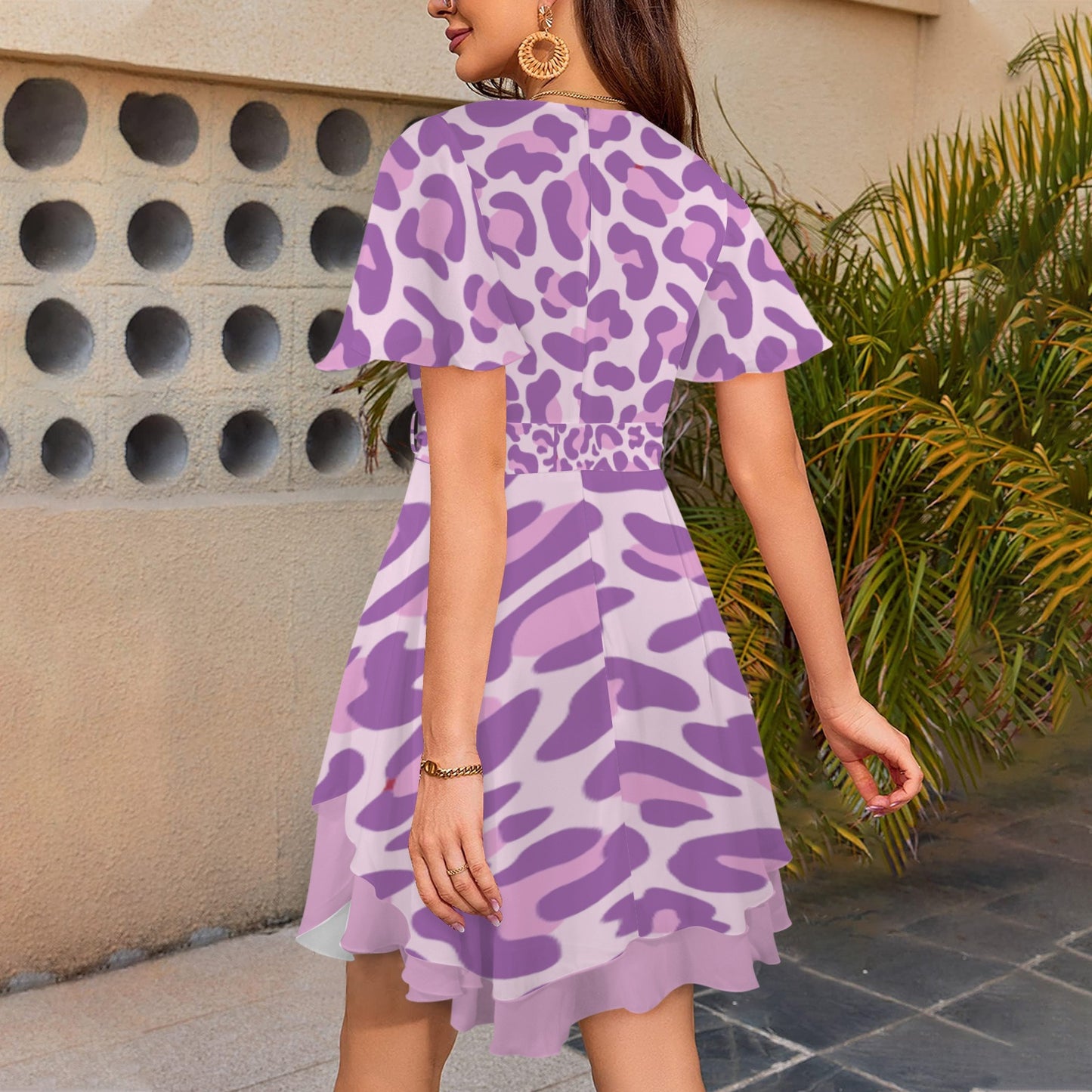 Leopard Tie V Neck Dress Light Purple Pink