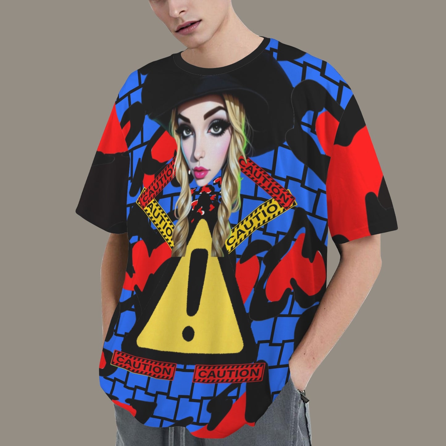 RANSIE CARTOON CAUTION  BLUE BLACK WALL  HEARTS T-SHIRT - Caution