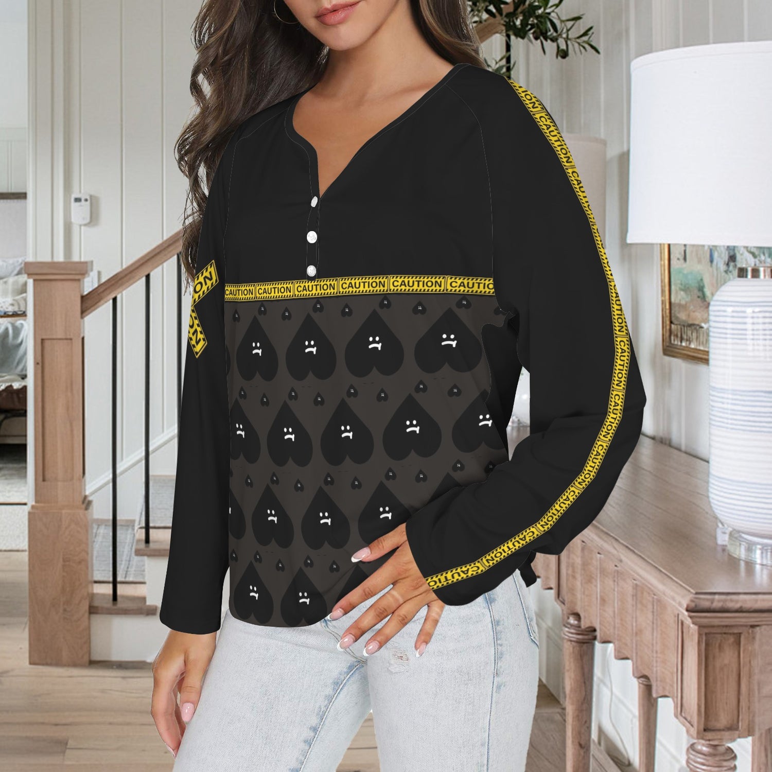 LINFA Long Sleeve Shirt Button Black Purple