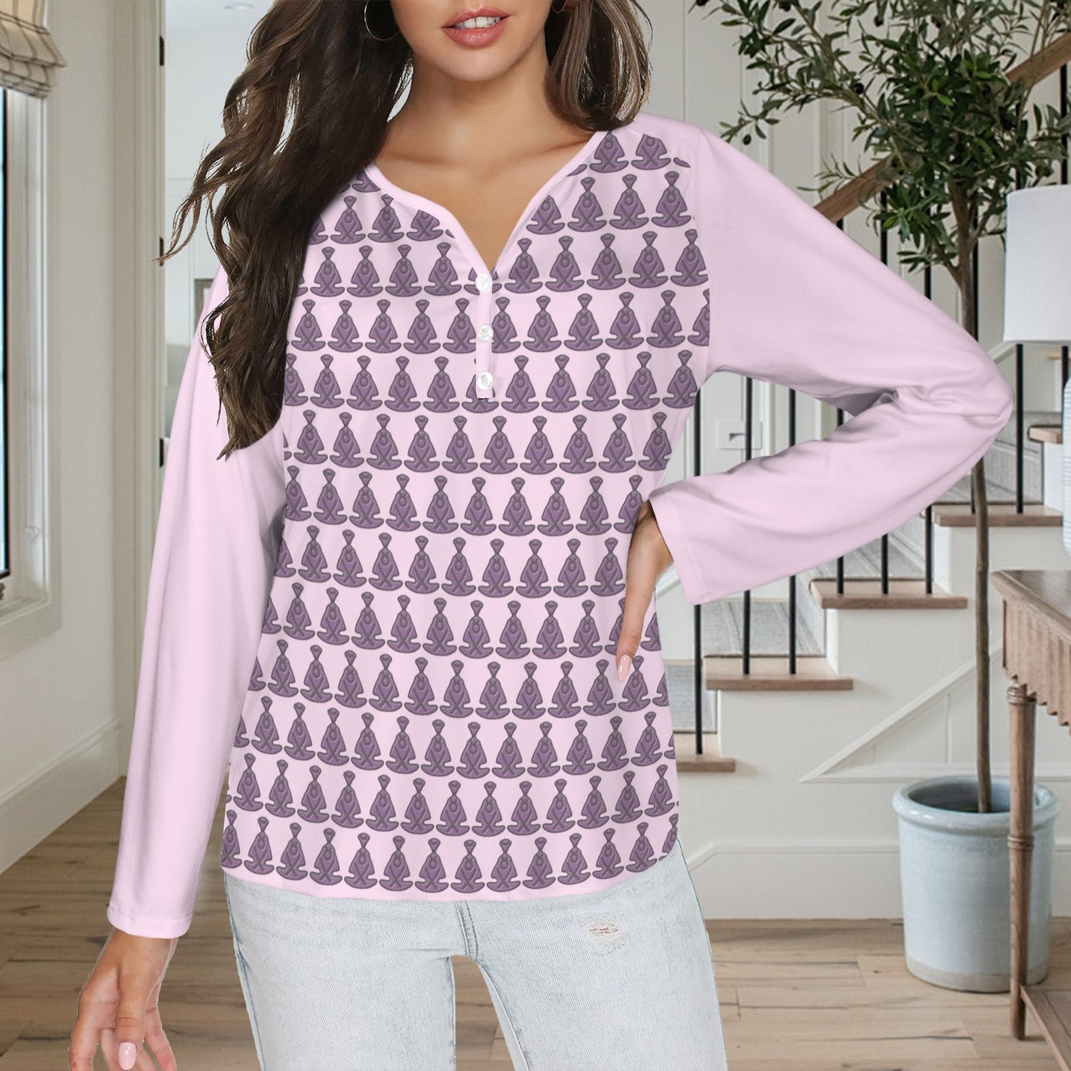 Buddha Pattern Long Sleeve Shirt Button Pale Pink