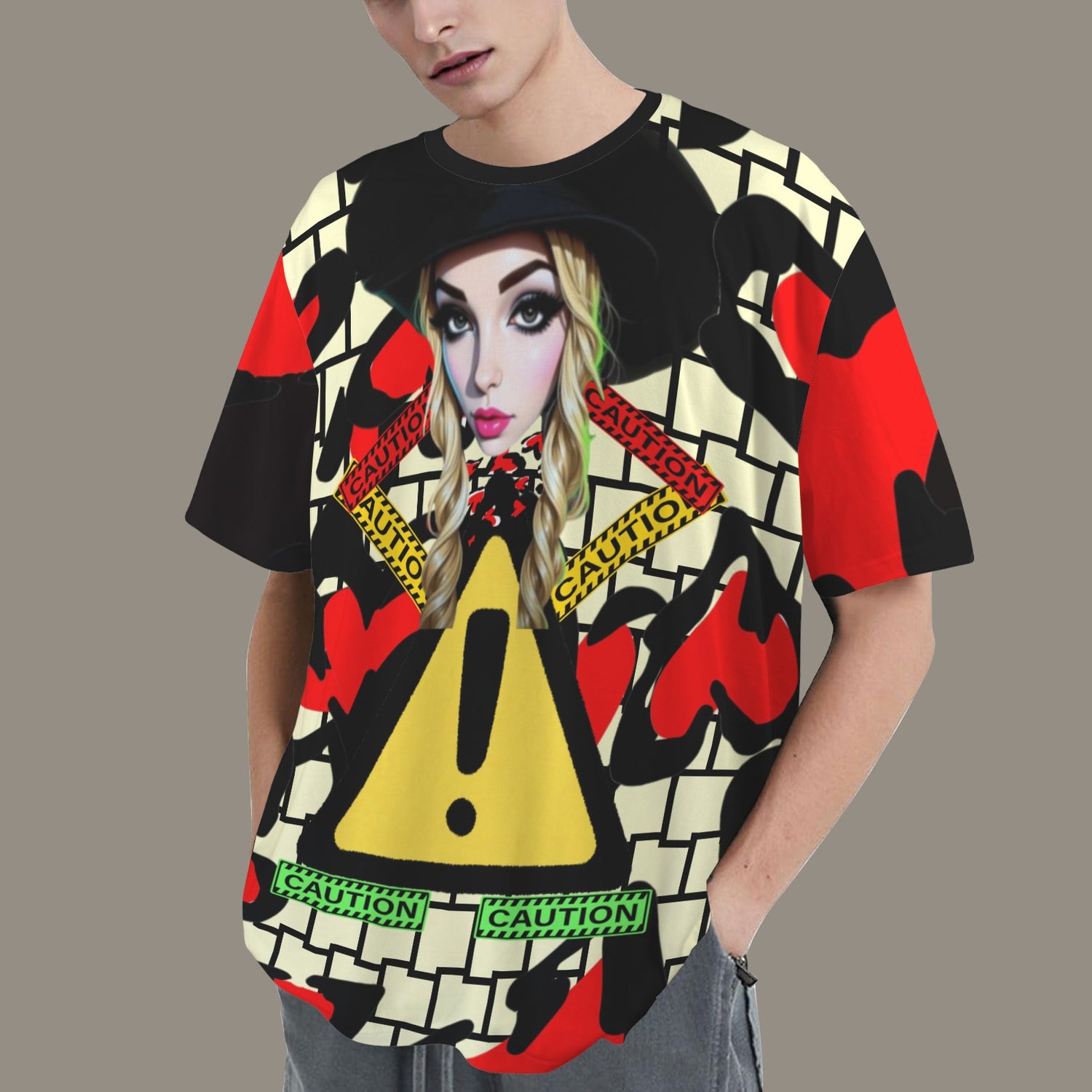 RANSIE CARTOON CAUTION YELLOW WALL HEARTS T-SHIRT - Caution