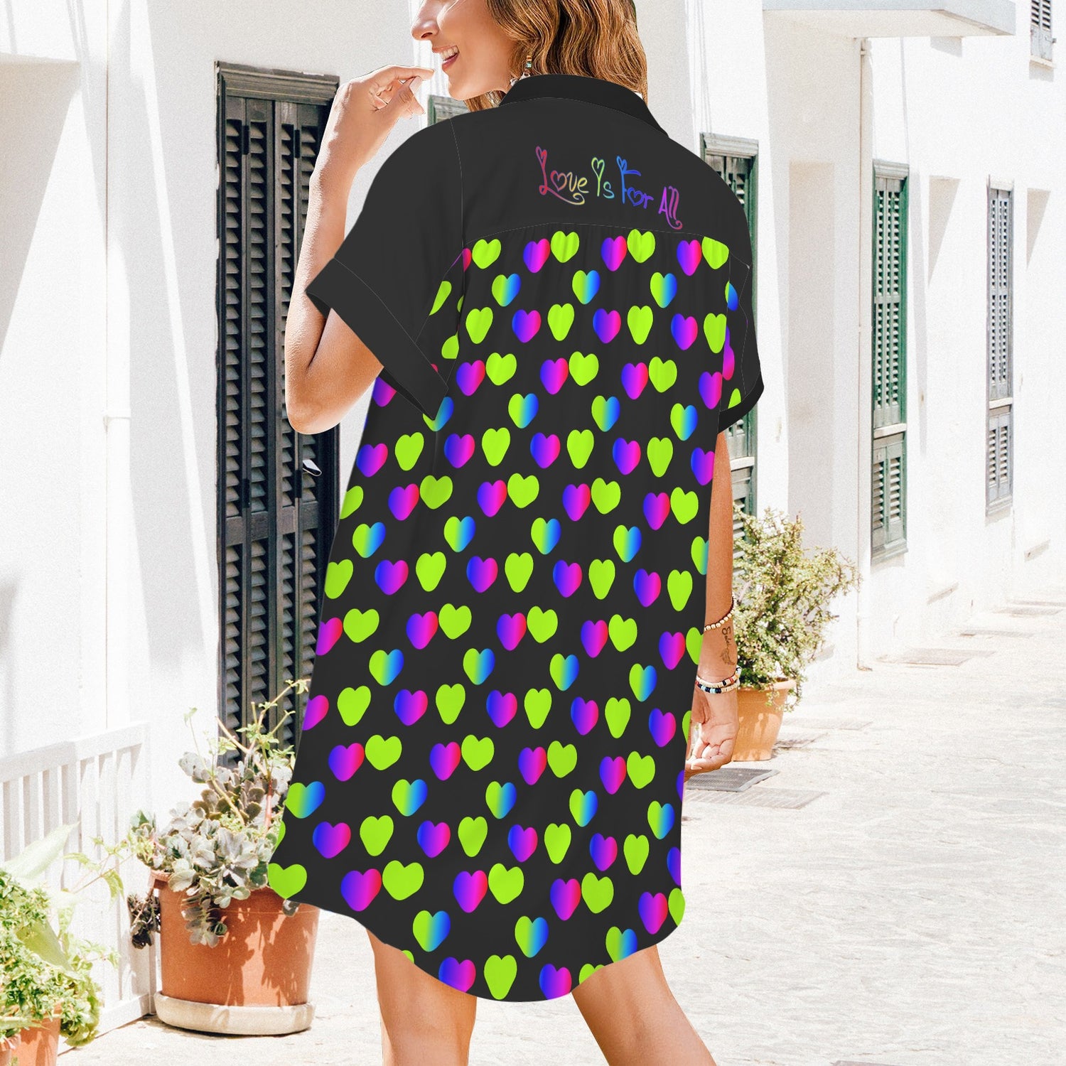 Green Pink Hearts T Shirt Dress Short Sleeve Black