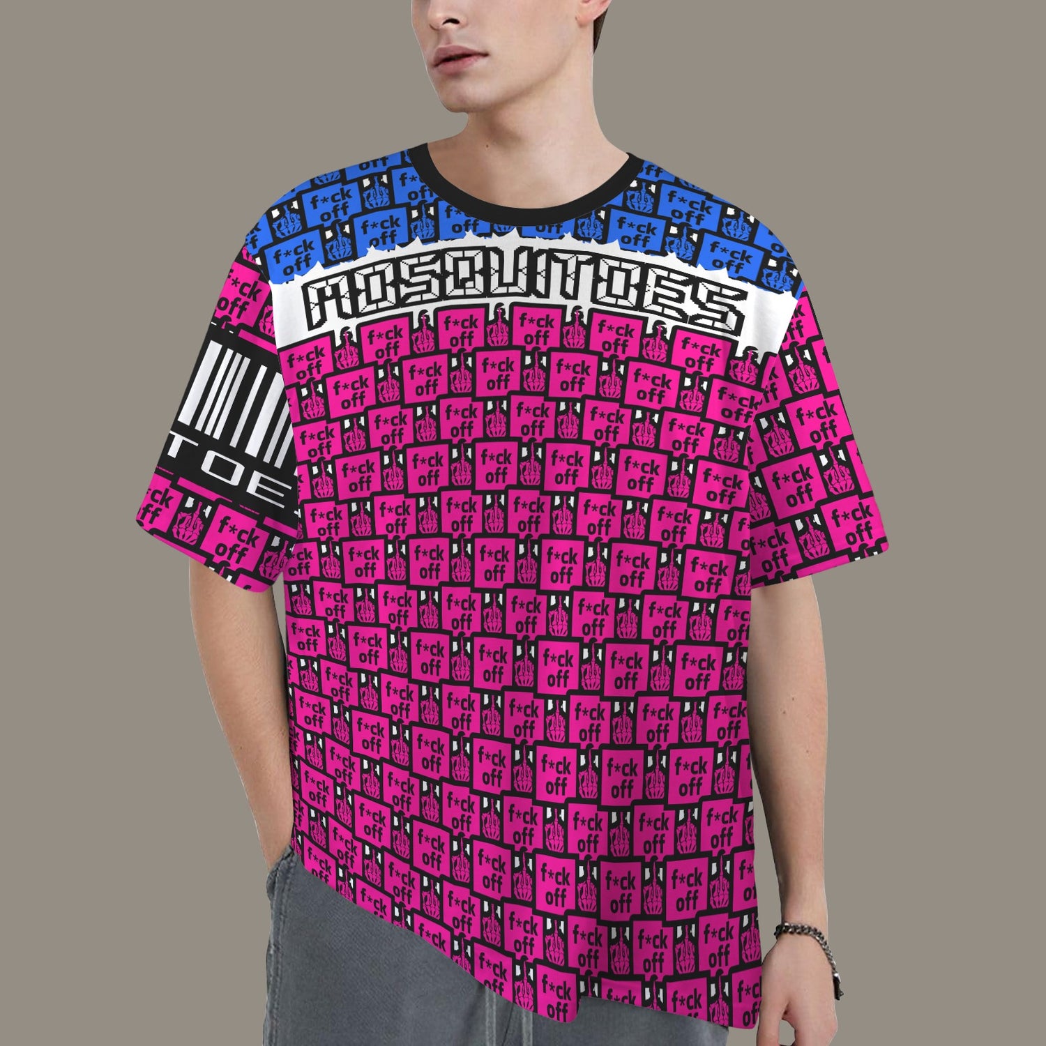 FUCK OFF MOSQUITOES PINK BLUE BLACK T-SHIRT BARCODE