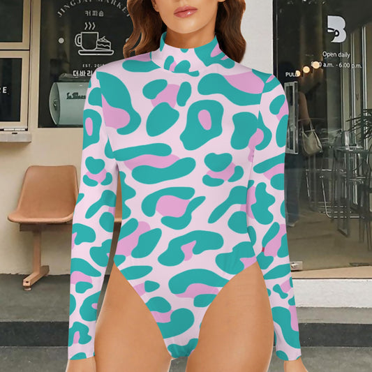 Leopard Long Sleeve Bodysuit Torquoise Pink