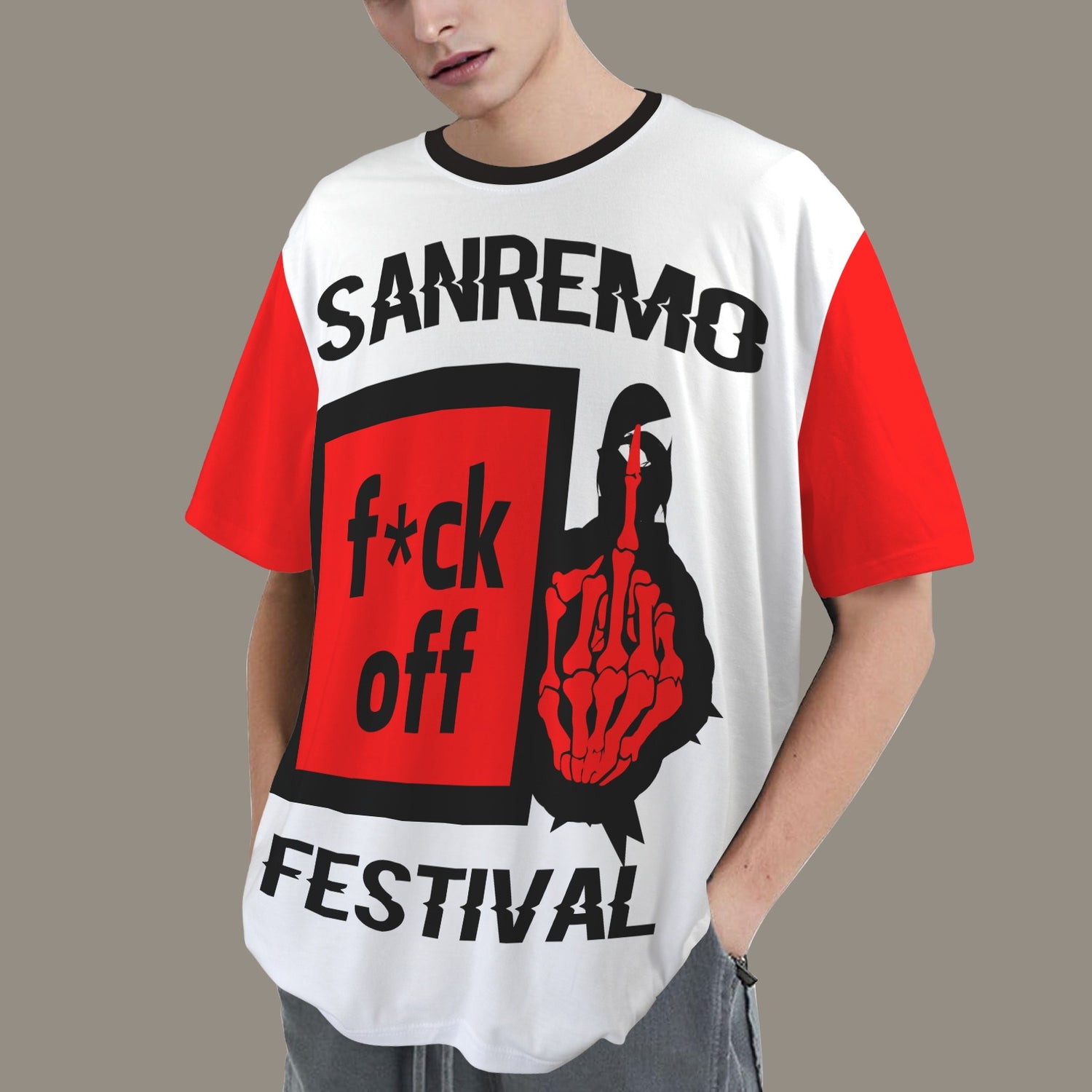 FUCK OFF SANREMO FESTIVAL DISTRESSED T-SHIRT BLACK RED WHITE