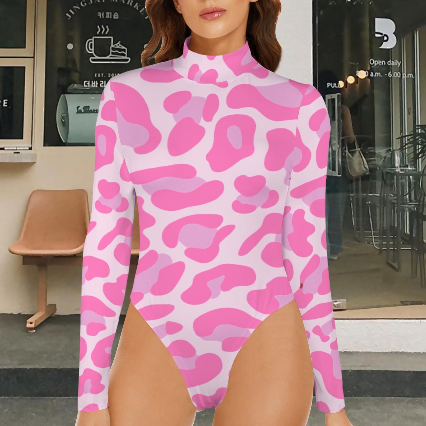 Leopard Long Sleeve Bodysuit  Pink