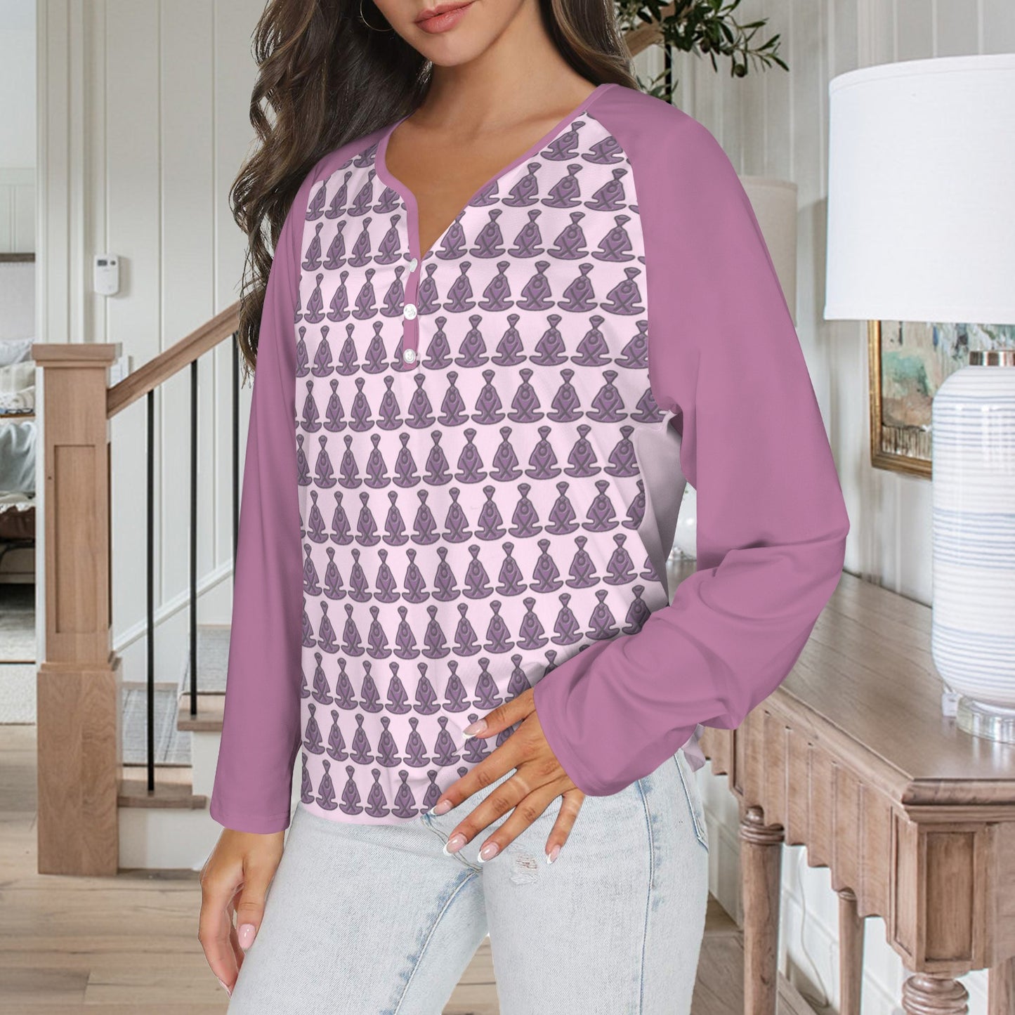 Buddha Pattern Long Sleeve Shirt Button Pale Pink Lilac Sleeve