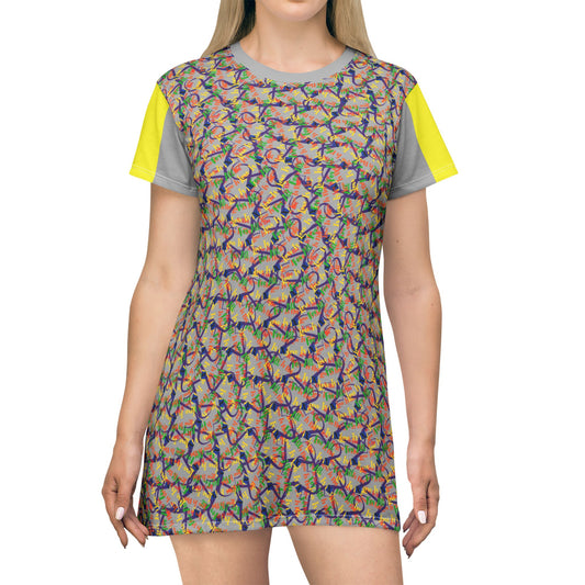 LINFA Chaos In The Heart T-Shirt Dress Light Grey Yellow Sleeves
