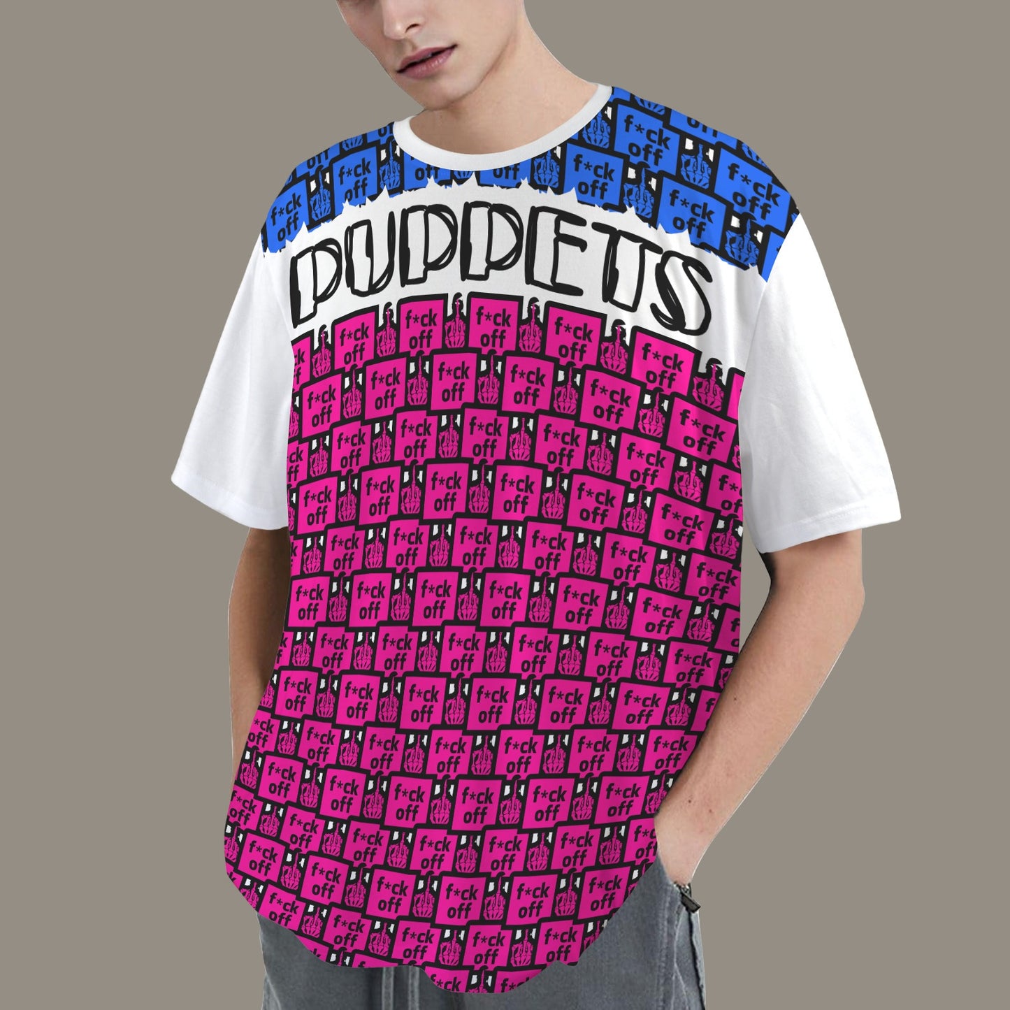 FUCK OFF PUPPETS PINK BLUE WHITE T-SHIRT