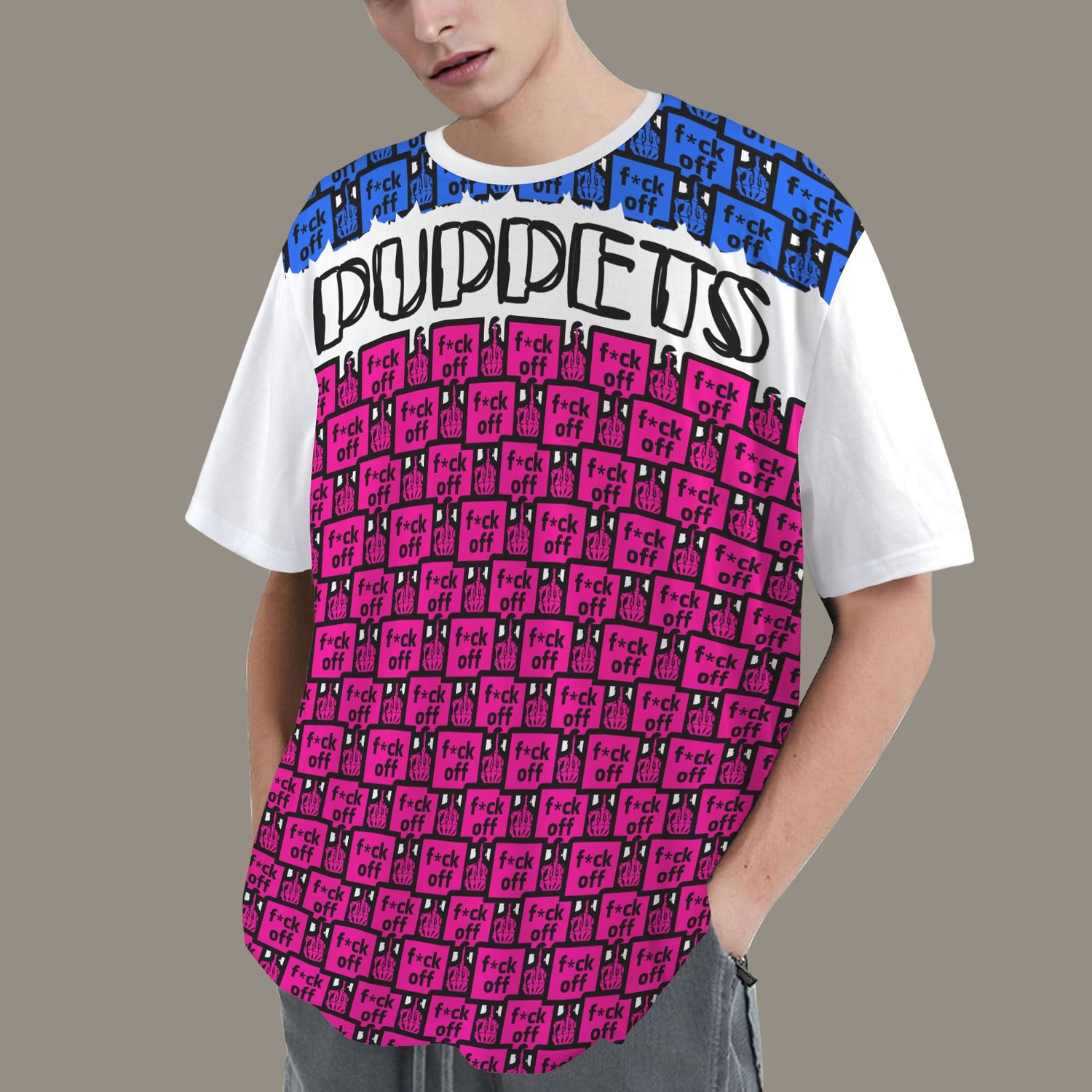 FUCK OFF PUPPETS PINK BLUE WHITE T-SHIRT