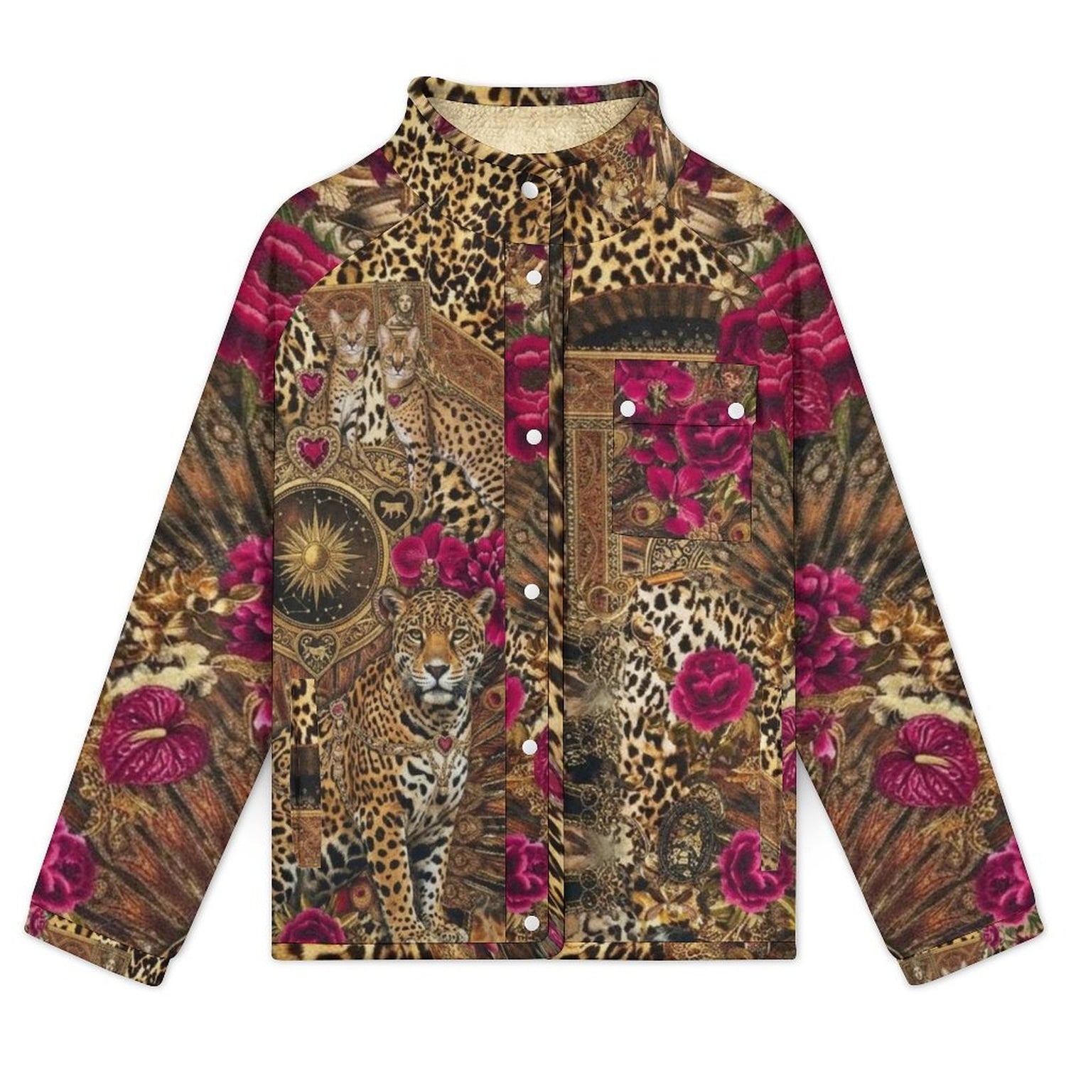 All Over Print Women's Casual Fleece-Lined Button-Up Jacket with Chest Pocket