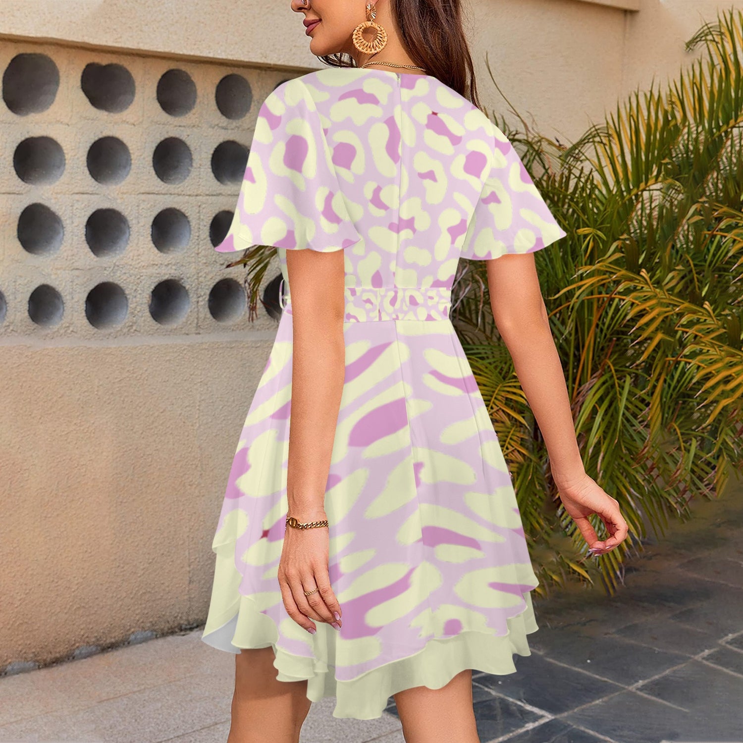 Leopard Tie V Neck Dress Light Yellow Pink