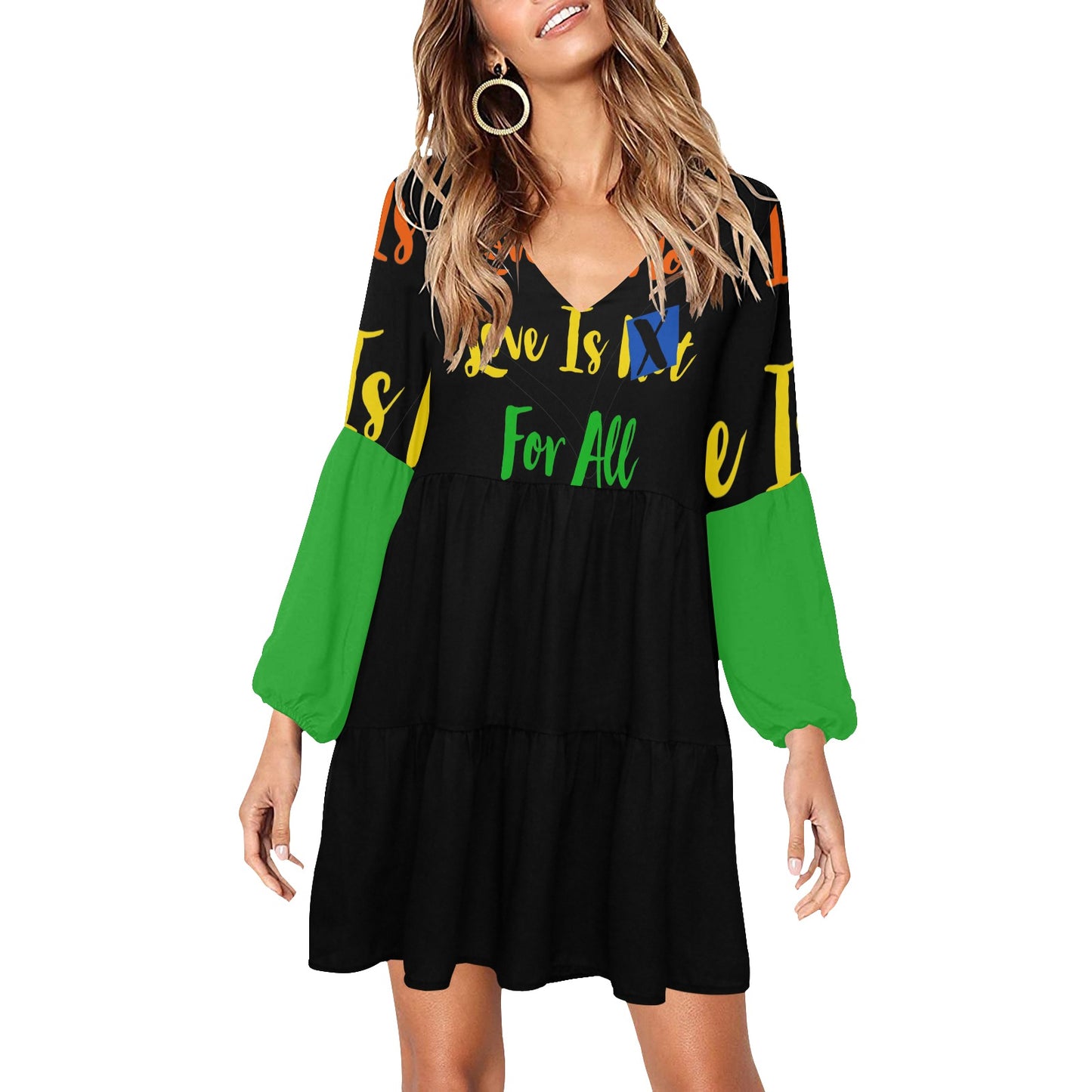 LINFA Boho Dress Black Green Sleeve