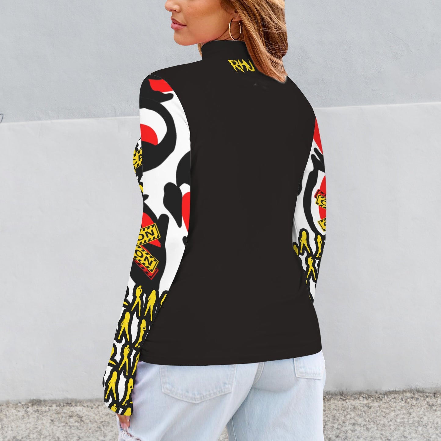 RANSIE CAUTION Long Sleeve Turtleneck Shirt White Black Hearts Mosquitoes