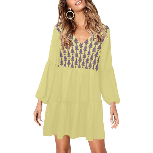 Buddha Pattern Pale Yellow Beige Boho Dress