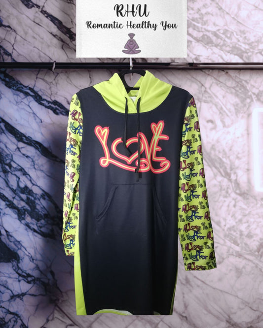 Love Is Not For All Pattern Hoodie Dress Yellow/Black