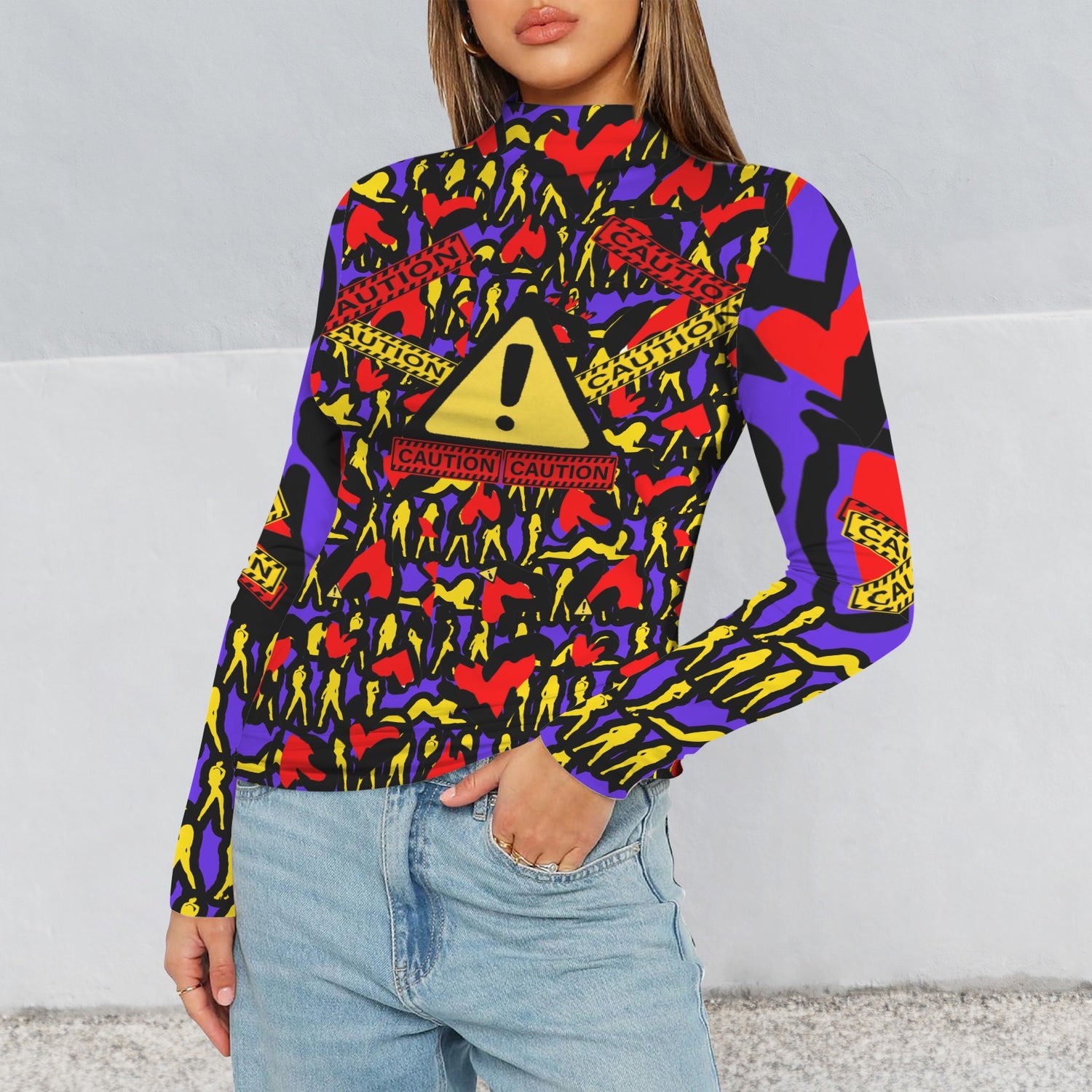 CAUTION Long Sleeve Turtleneck Shirt Blue Violet Hearts Mosquitoes Small SIGN