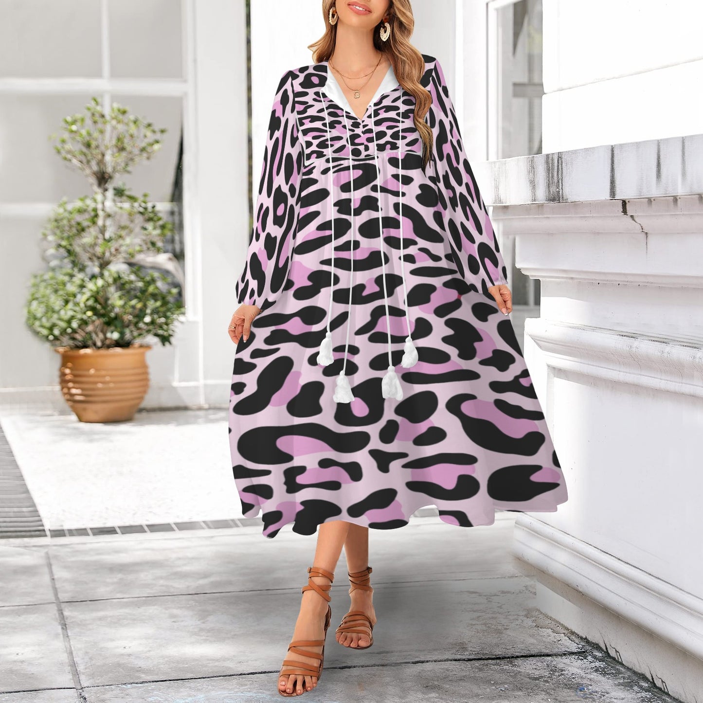 Black Pink Leopard Long Dress