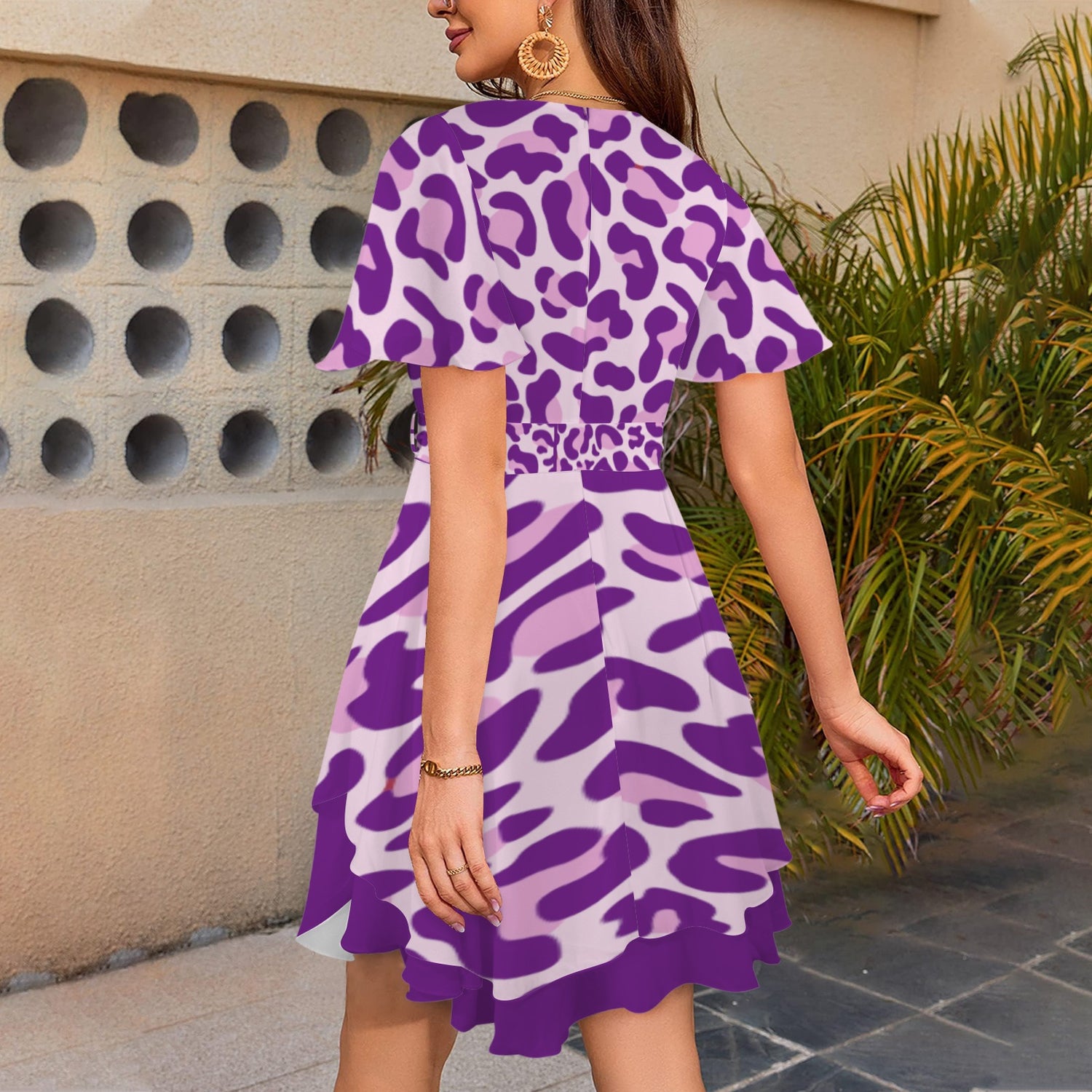 Leopard Tie V Neck Dress Purple Pink