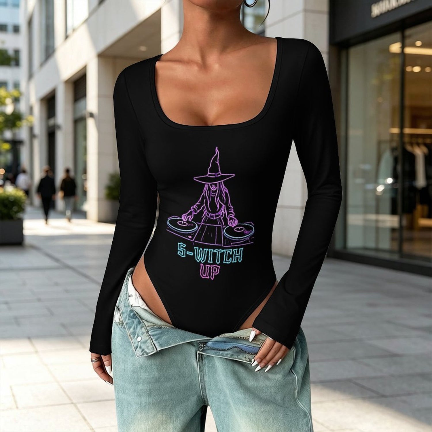 Custom Women's Square Neck Long Sleeved Jumpsuit